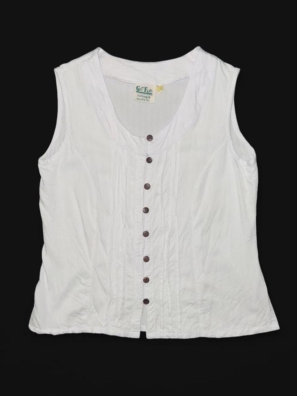 Go Fish Clothing & Jewelry Co. Vintage White Wooden Button Down Womens Tank Top